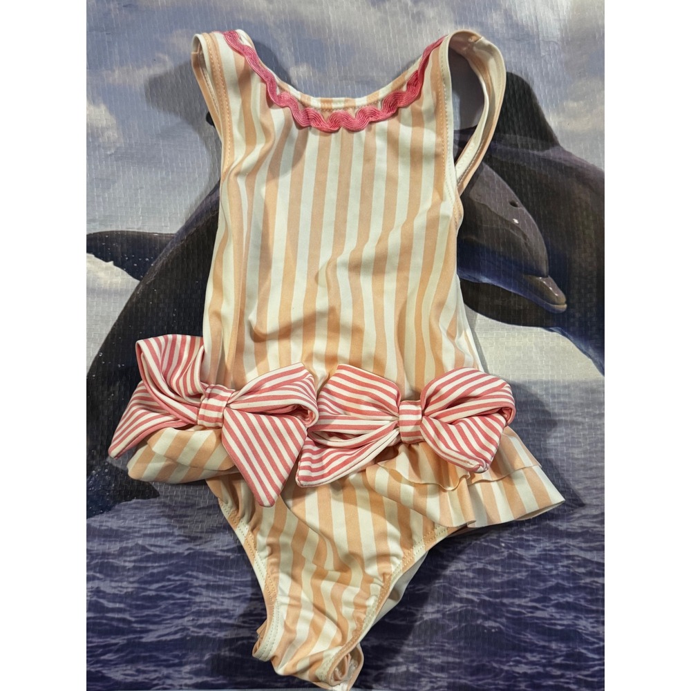 Mud Pie Girls Pink White Striped Bow Ruffle One Piece Swimsuit 12-18 Months‎